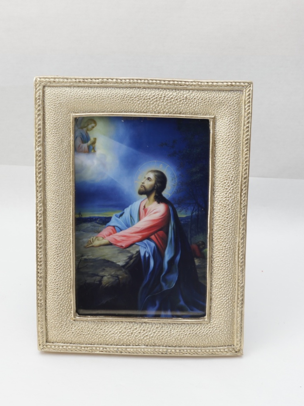 CHRIST Praying for the Chalice Icon print in gold tone frame w/ glass 4"x6"